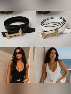 Designer Inspired Reversible Black & White Gold Buckle Belt